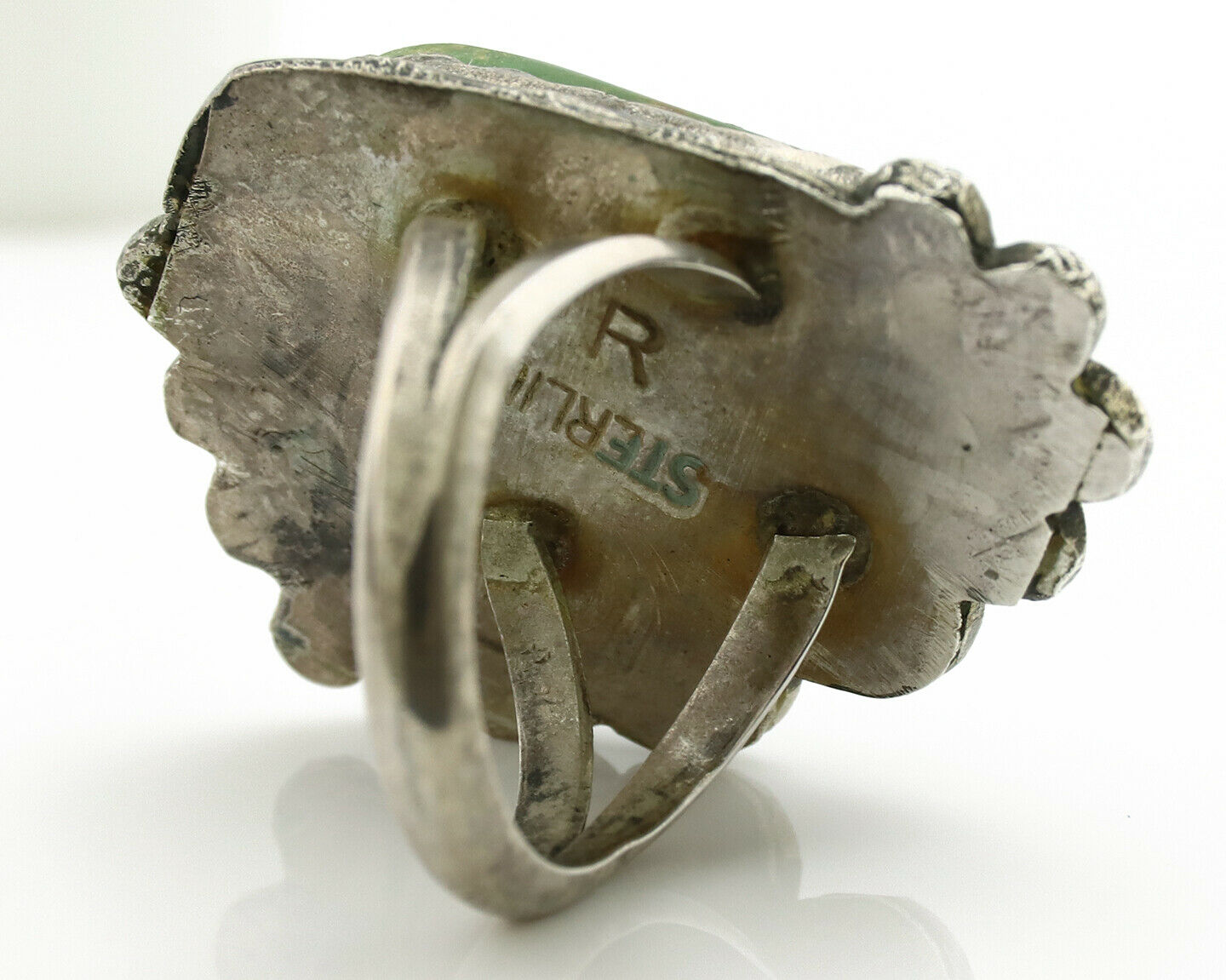 Navajo Ring .925 Silver Manassas Turquoise Artist Signed R C.1980's