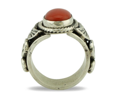 Navajo Ring 925 Silver Natural Mediterranean Coral Artist Signed Tobe Turpen C80