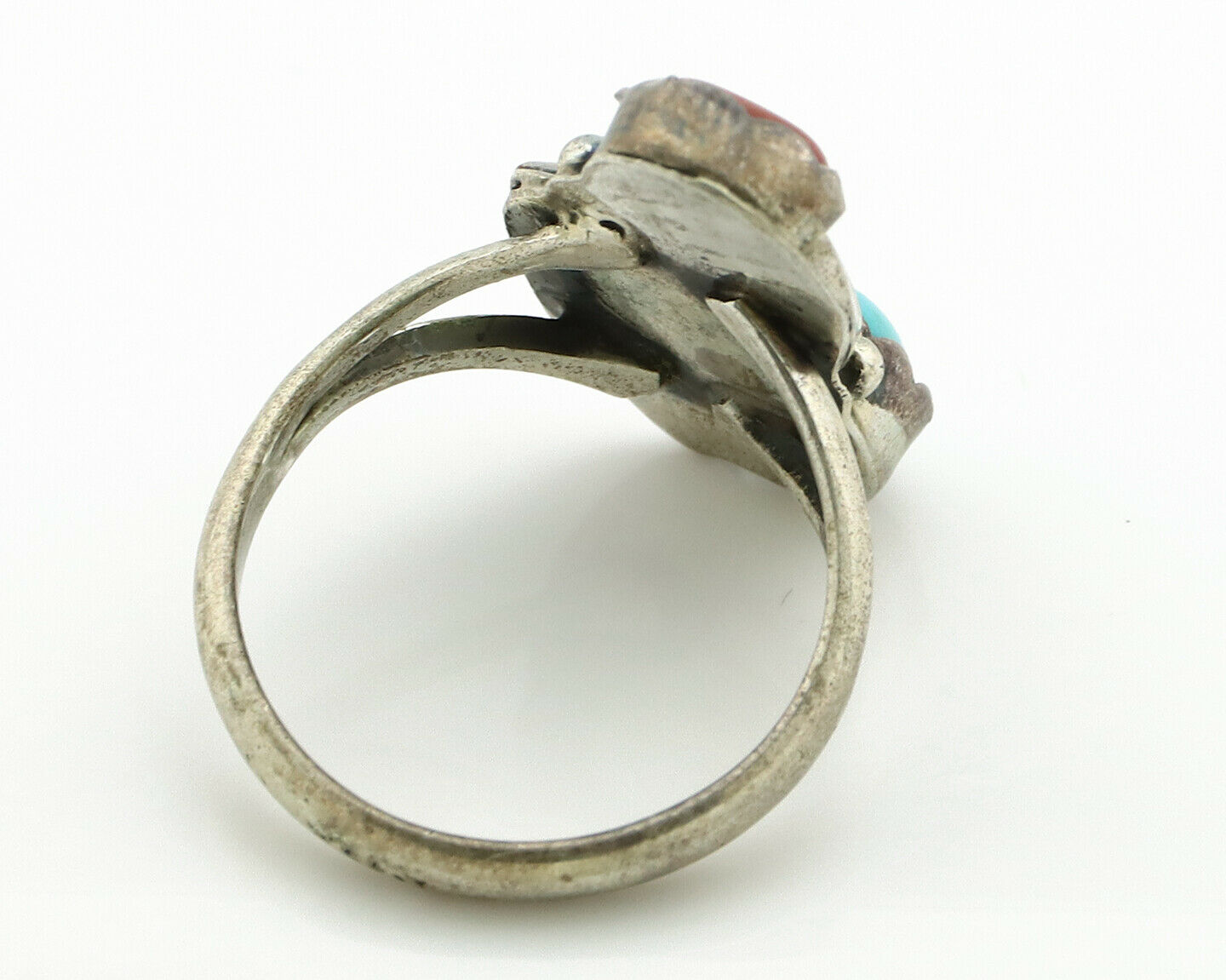 Navajo Ring .925 Silver Turquoise & Coral Native American Artist C.1980's
