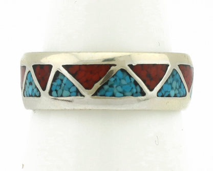 Navajo Ring 925 Silver Natural Turquoise & Coral Native American Artist C.80's