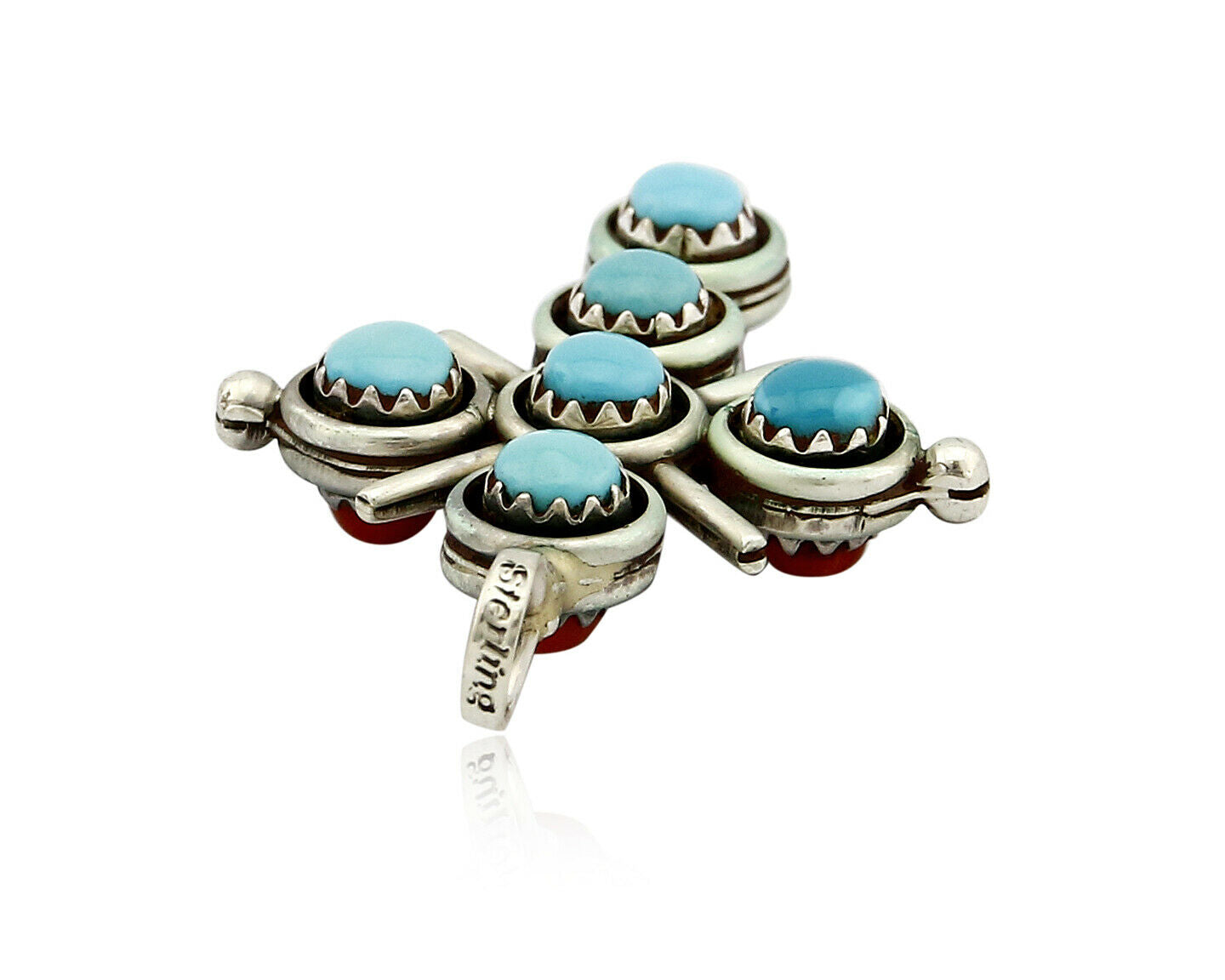 Zuni Natural Turquoise and Coral Reversible 925 Silver Handmade Pendant
