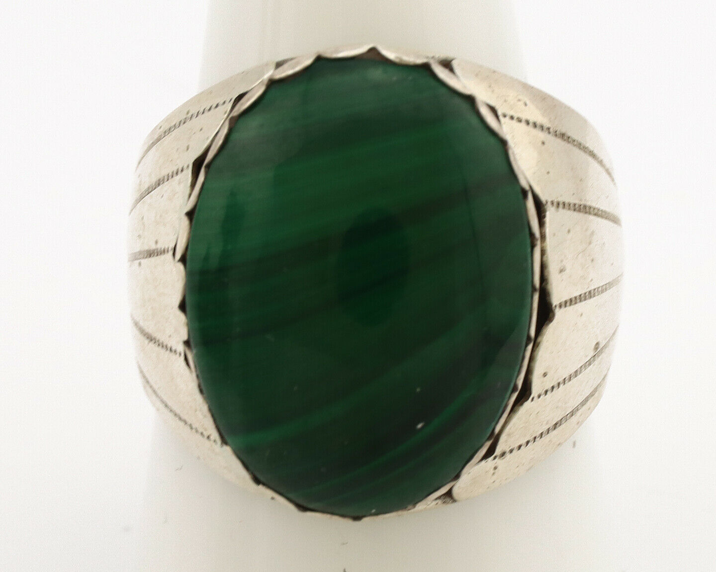 Navajo Ring .925 Silver Natural Green Malachite Artist Signed DL C.1980's