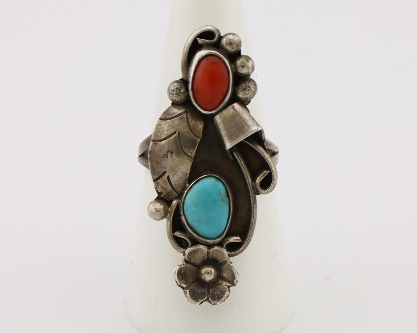 Navajo Handmade Ring 925 Silver Turquiose & Coral Artist Signed EB C.80's