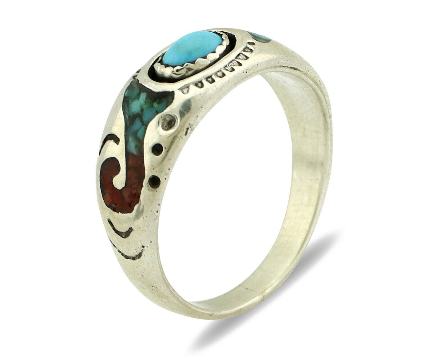 Navajo Handmade Ring 925 Silver Blue Turquoise & Coral Native American C.80's