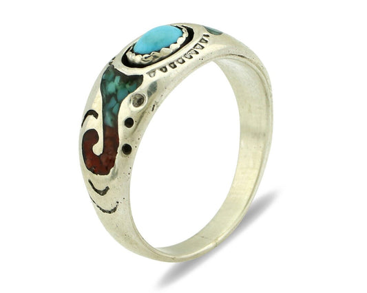 Navajo Handmade Ring 925 Silver Blue Turquoise & Coral Native American C.80's