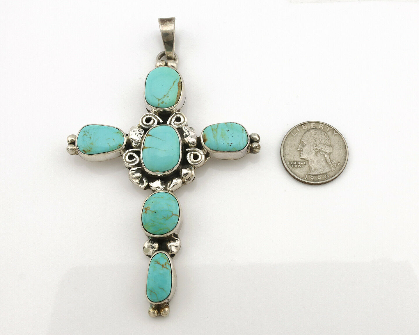 Navajo Cross Necklace .925 Silver Kingman Turquoise Signed Gecko C.80's