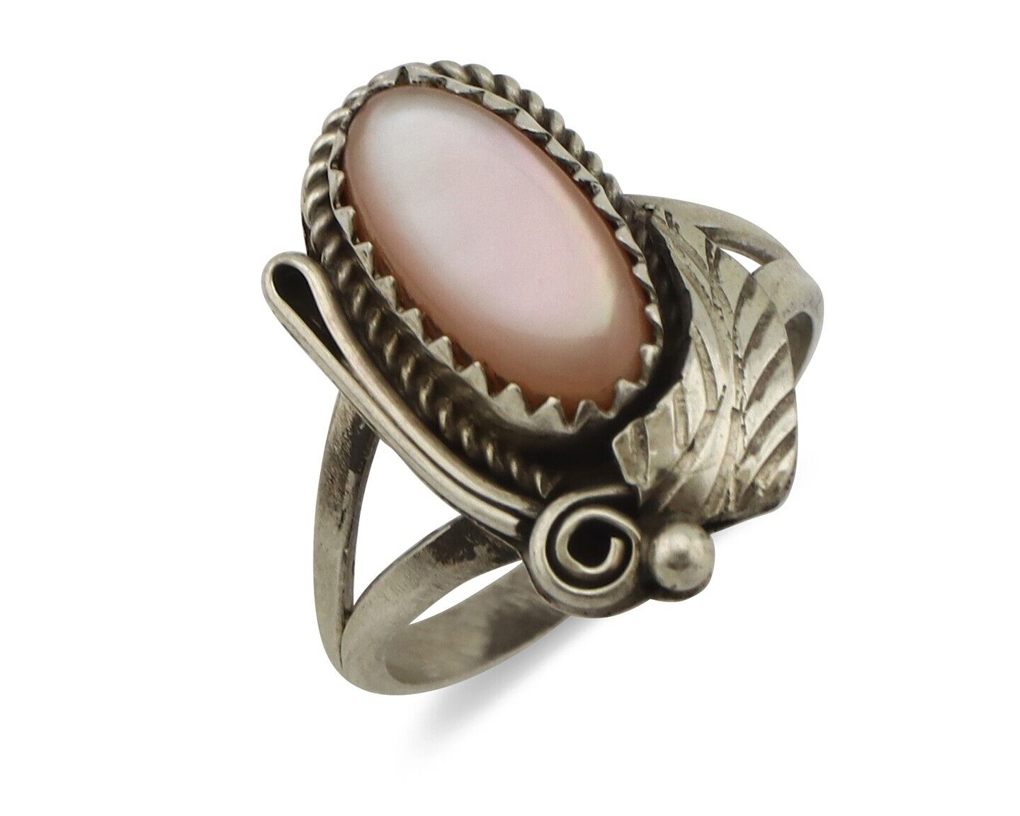 Navajo Ring .925 Silver Natural Pink Mussel Artist Signed Justin Morris C.80's