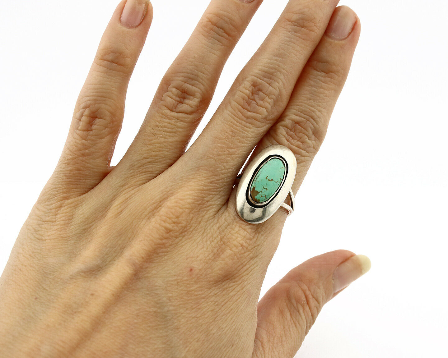 Navajo Shadow Box Ring .925 Silver Kingman Turquoise Signed M Montoya C80s