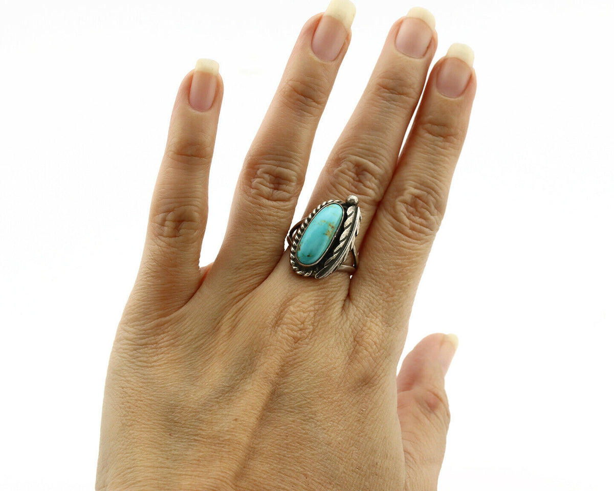 Navajo Ring .925 Silver Blue Turquoise Artist Signed Sun C.1980's