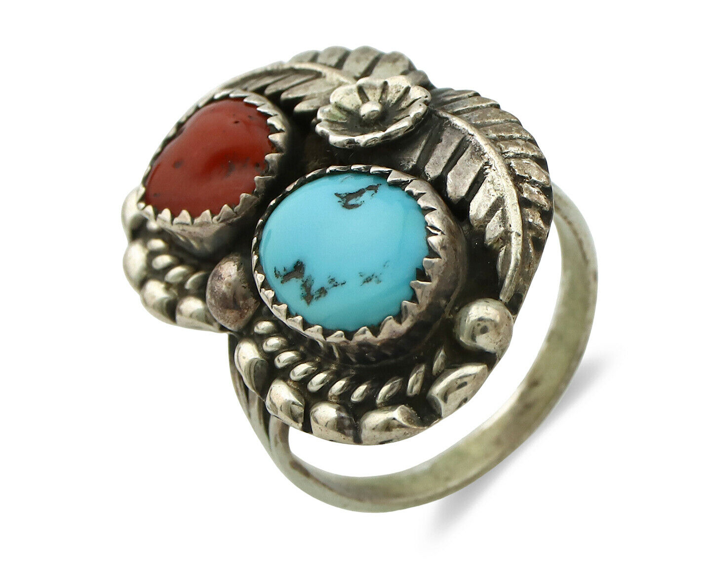 Navajo Ring .925 Silver Turquoise & Coral Artist Signed Thomas Singer C.80's