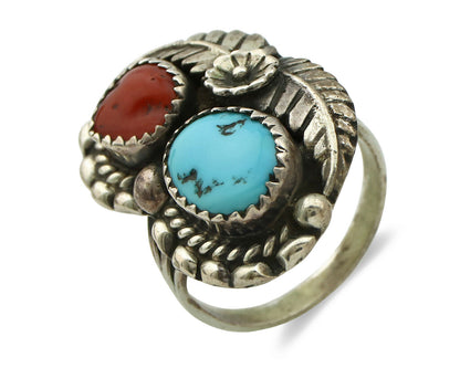 Navajo Ring .925 Silver Turquoise & Coral Artist Signed Thomas Singer C.80's