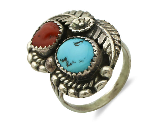 Navajo Ring .925 Silver Turquoise & Coral Artist Signed Thomas Singer C.80's