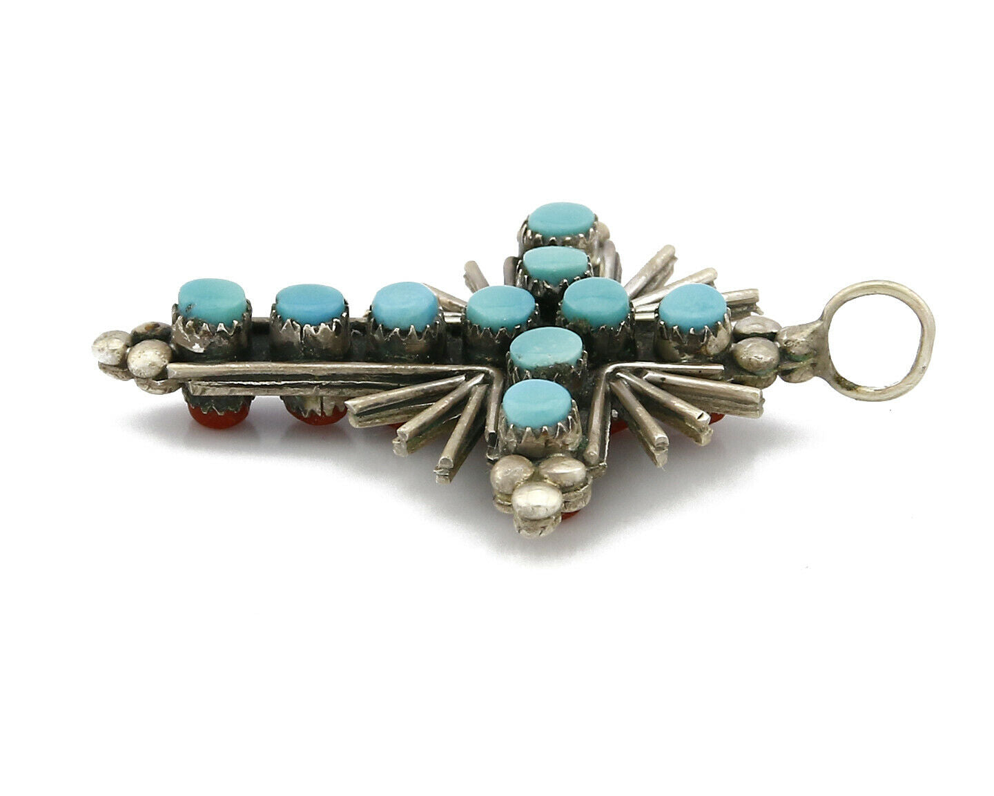 Zuni REAL Turquoise and Coral Reversible 925 Silver Handmade Cross Pendant