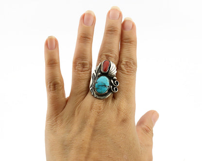 Navajo Ring 925 Silver Turquoise & Coral Artist Signed Native American C.80s