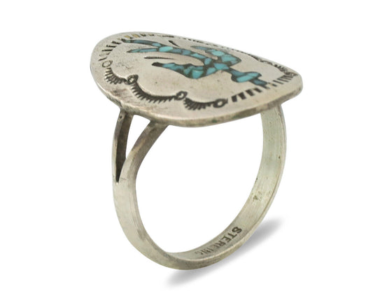 Small Navajo Ring 925 Silver Chip Inlay Turquoise Artist Signed NAKAI C.80's