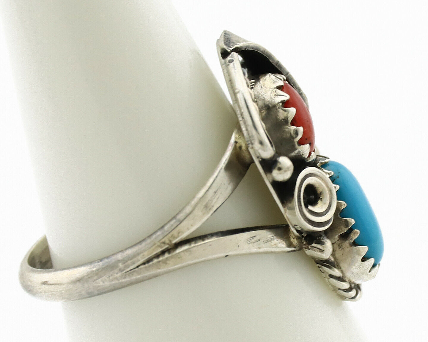 Navajo Ring .925 Silver Turquoise & Coral Artist Signed J Morris C.80's