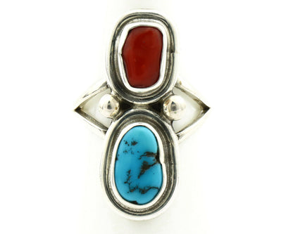 Navajo Ring .925 Silver Red Coral & Blue Turquoise Native Artist C.80's