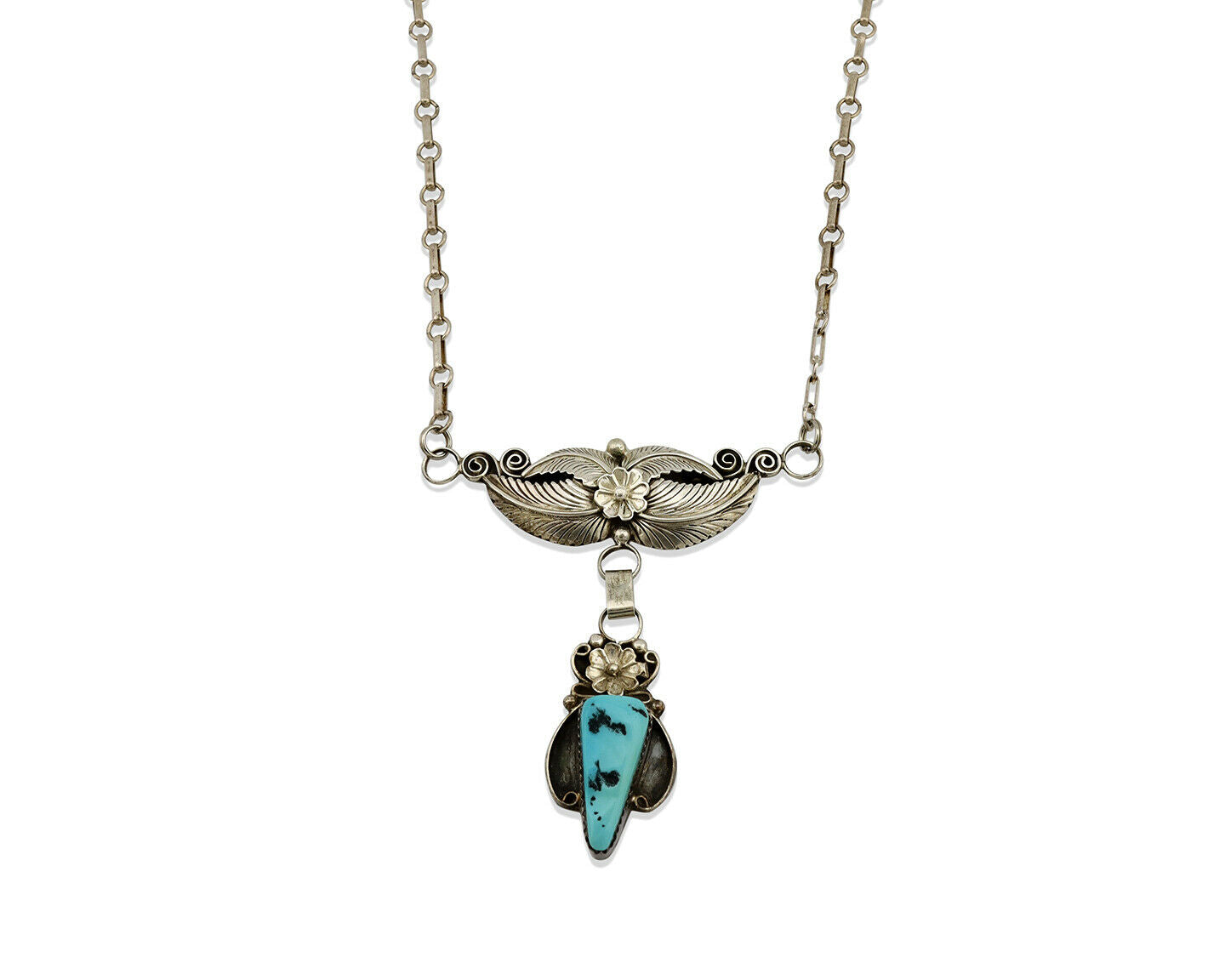 Navajo Necklace .925 Silver Sleeping Beauty Turquoise Signed K C.80's