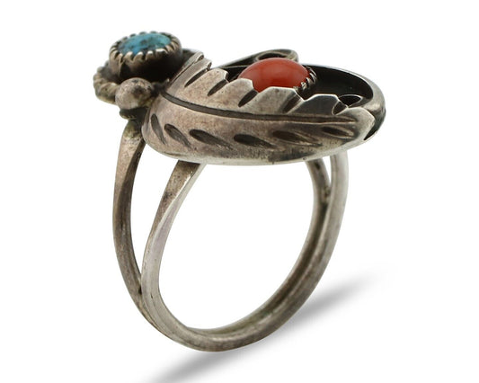 Navajo Handmade Ring 925 Silver Turquiose & Coral Native American Artist C.80's
