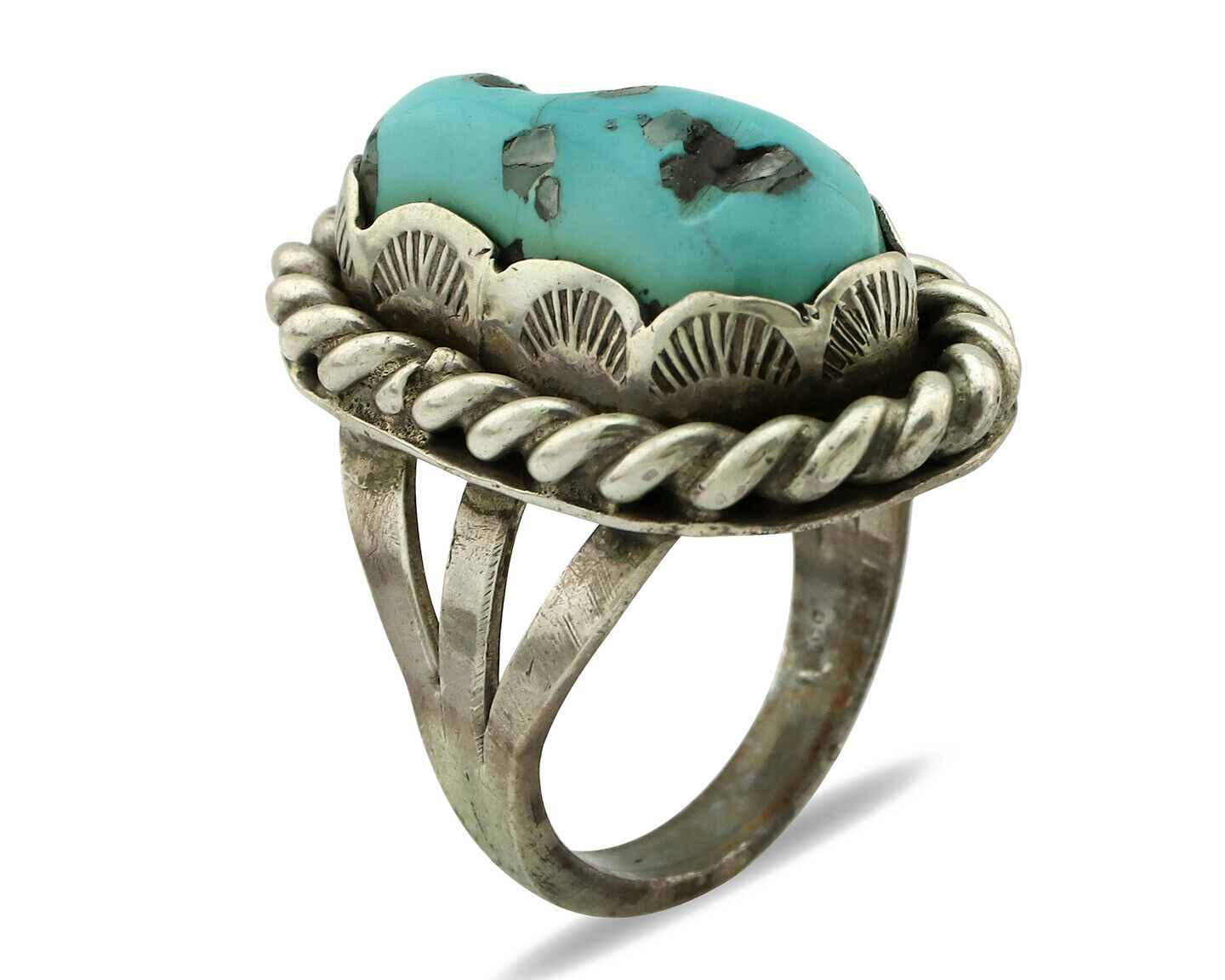 Navajo Ring 925 Silver Castle Dome Turquoise Native American Artist C.1980's