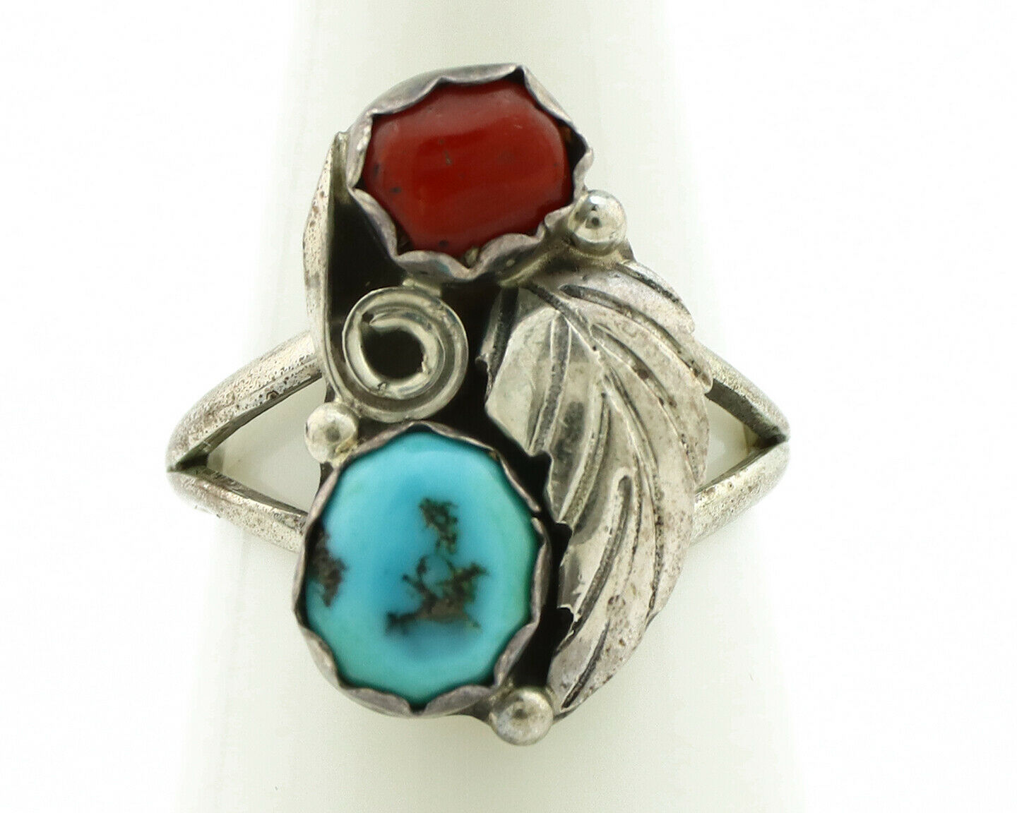 Navajo Ring .925 Silver Turquoise & Coral Native American Artist C.1980's