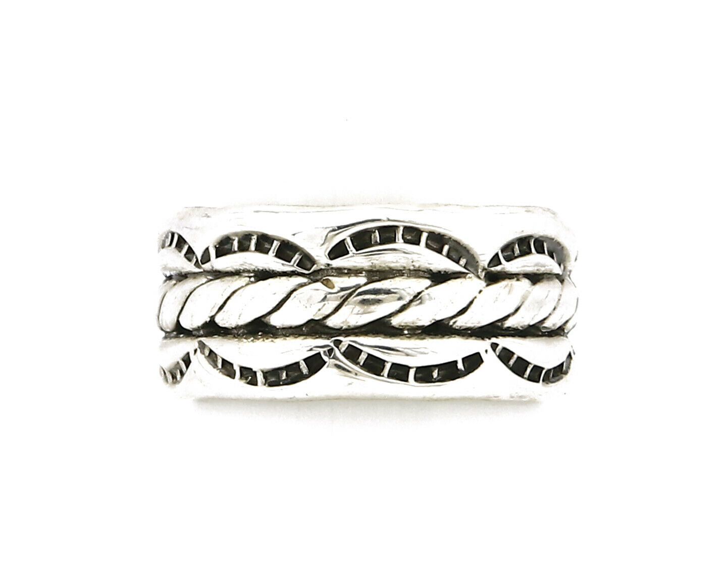 Navajo Ring .925 Silver Handmade Hand Stamped 3 Row Rope Band C.1980s