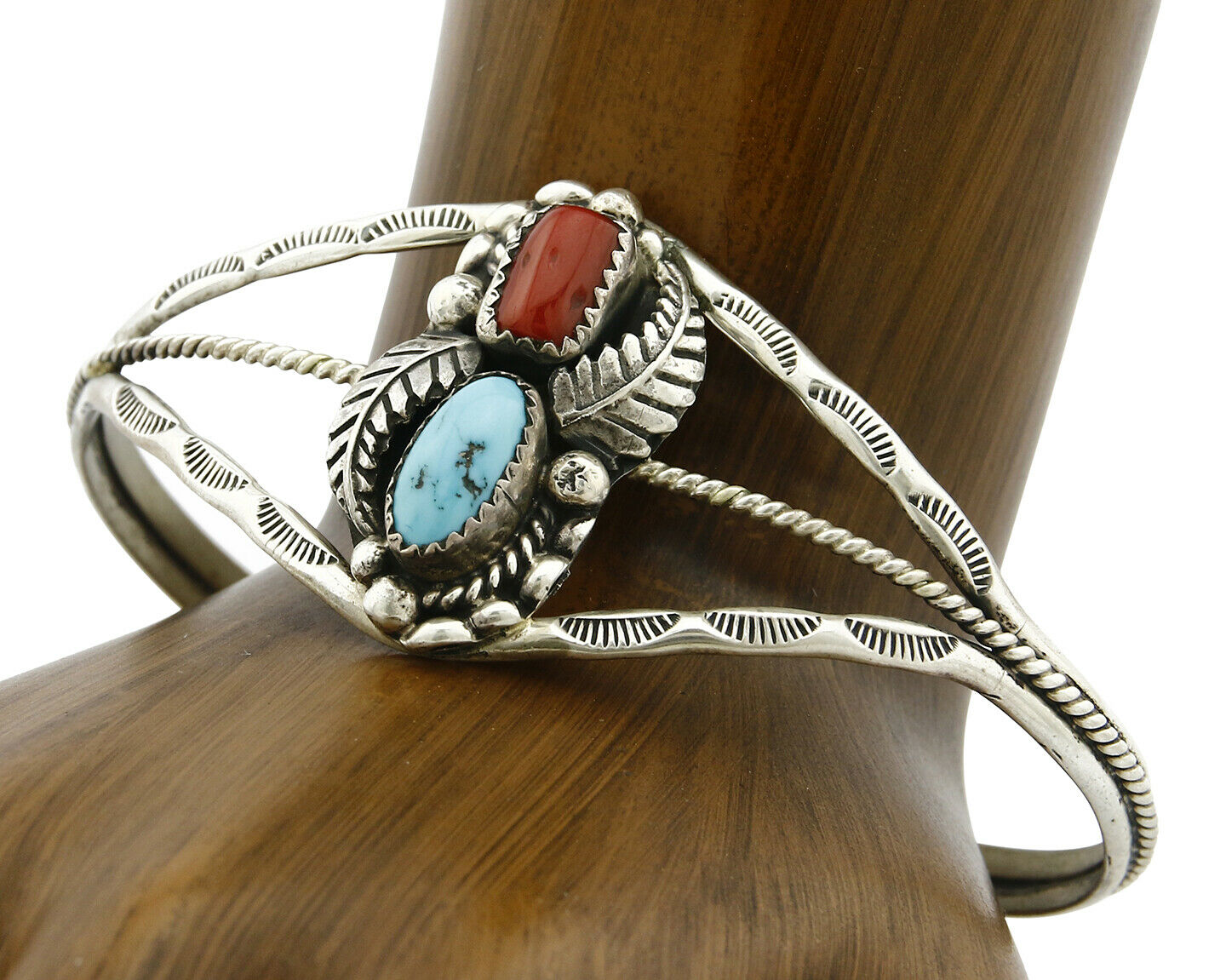 Navajo Bracelet .925 Silver Turquoise & Red Coral Signed SC Cuff Circa 1980s