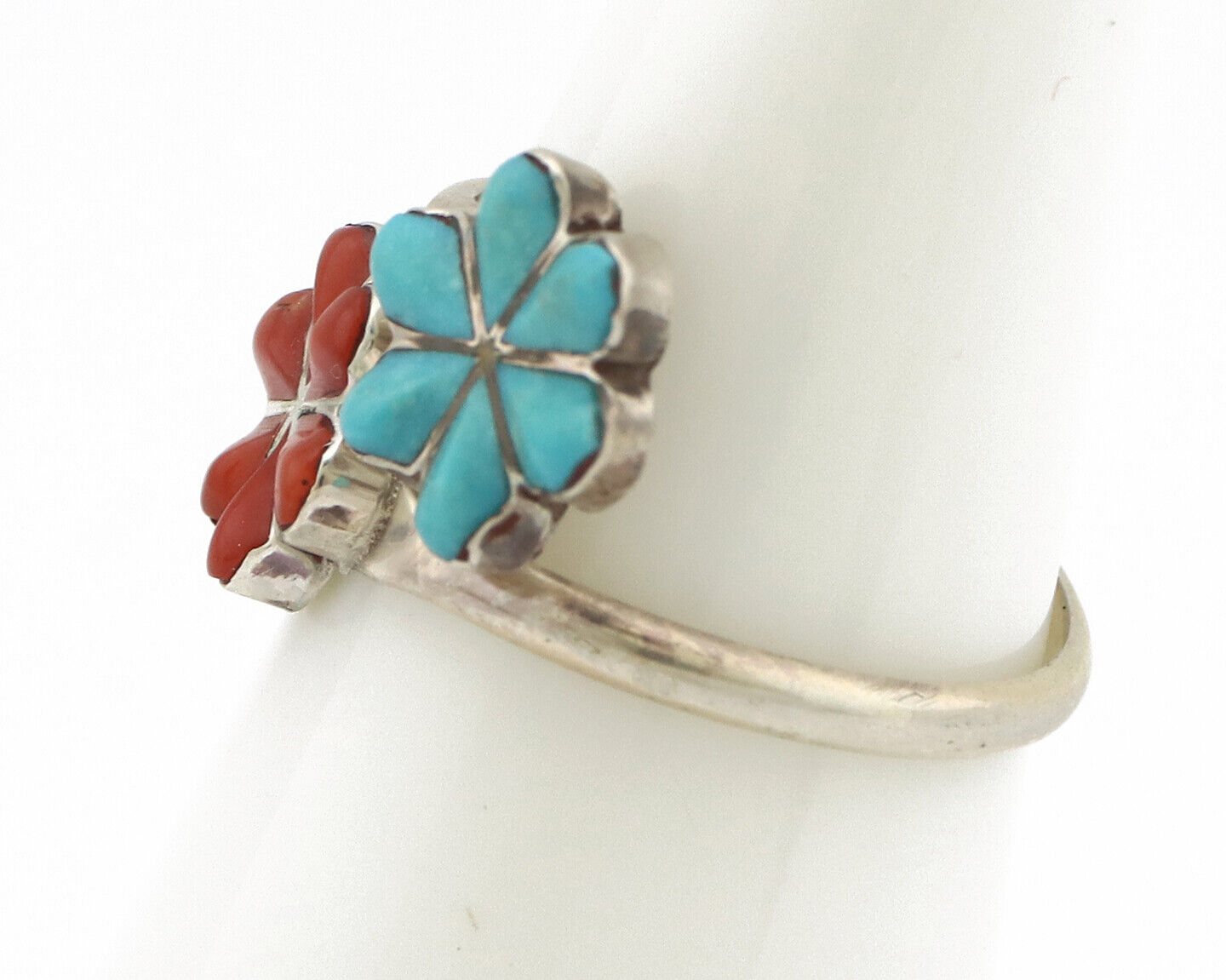 Zuni Flower Ring 925 Silver Turquoise & Coral Native American Artist C.80's