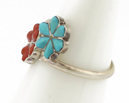 Zuni Flower Ring 925 Silver Turquoise & Coral Native American Artist C.80's