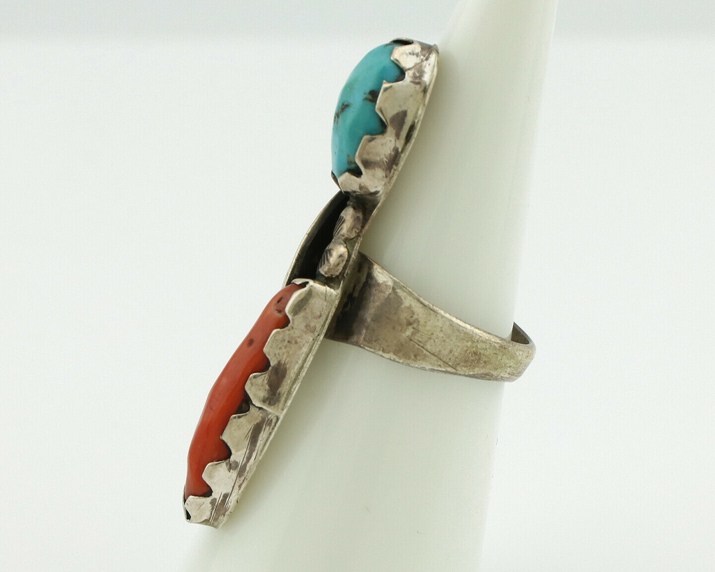 Navajo Ring .925 Silver Turquoise & Coral Native American Artist C.1980's