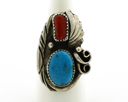 Navajo Ring 925 Silver Turquoise & Coral Artist Signed Native American C.80s
