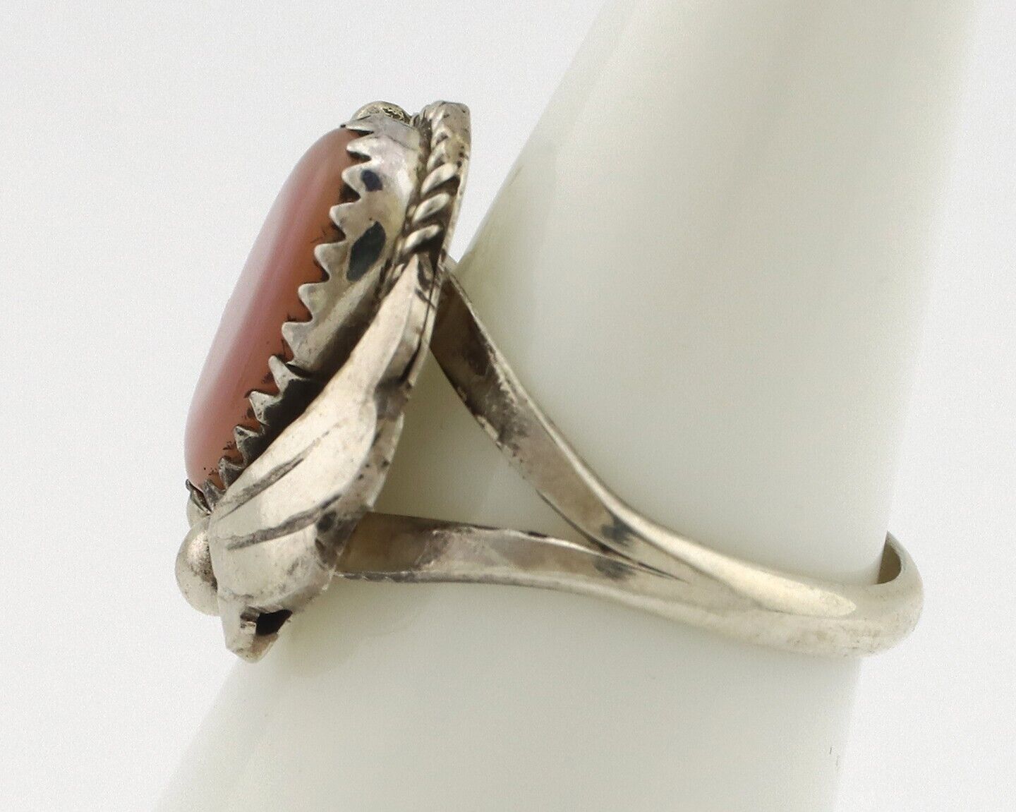Navajo Ring .925 Silver Natural Pink Mussel Artist Signed Justin Morris C.80's