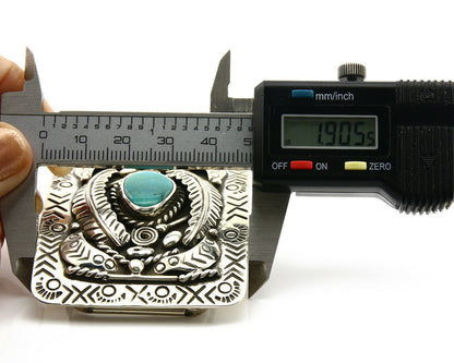 Navajo Belt Buckle .925 Silver Morenci Turquoise Artist Signed Tipi C.80's