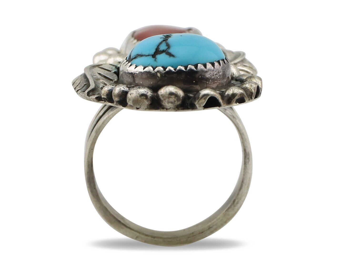 Navajo Ring 925 Silver Blue Turquoise & Coral Signed Stanley Bain C.80's