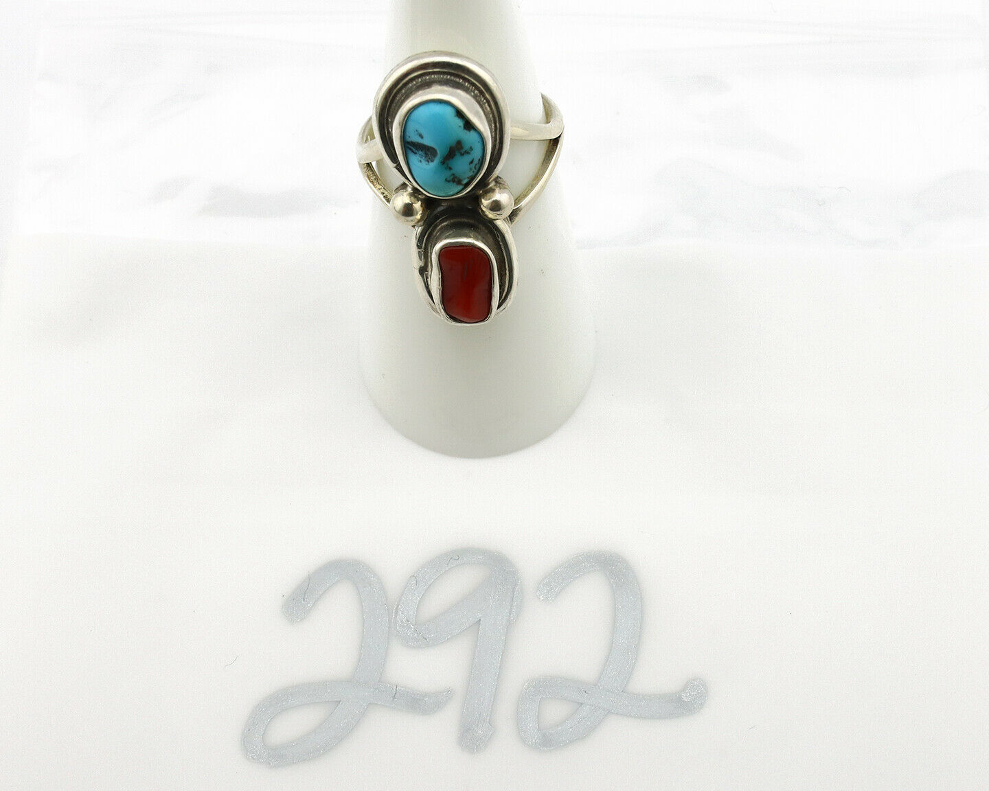 Navajo Ring .925 Silver Blue Turquoise & Red Coral Native American Artist C.80's