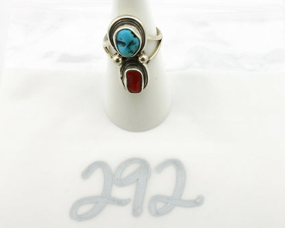 Navajo Ring .925 Silver Blue Turquoise & Red Coral Native American Artist C.80's