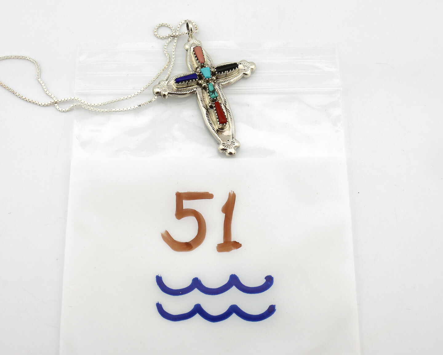 Zuni Handmade Cross Necklace 925 Silver Natural Gemstone Signed E Kaskalla C.80s