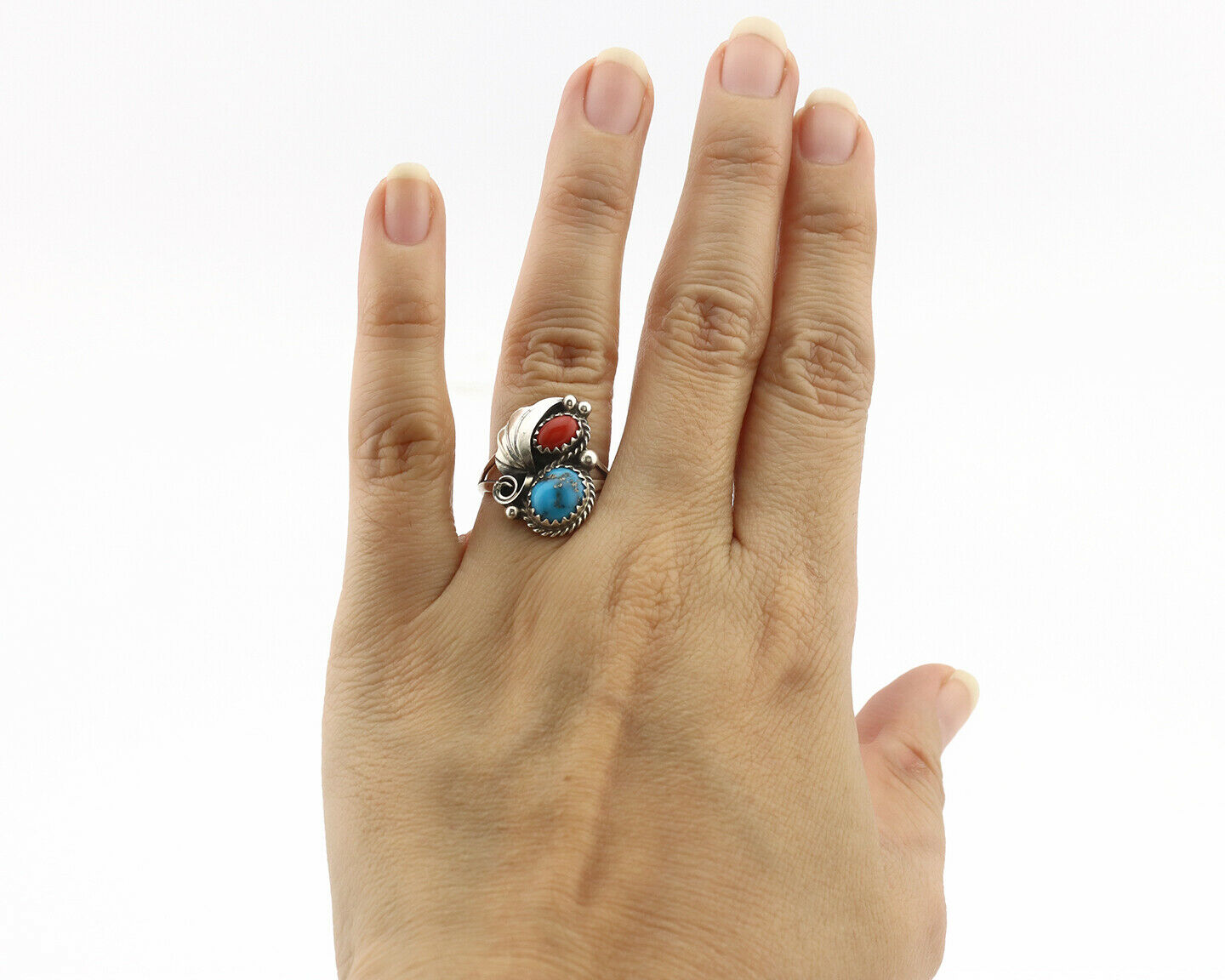 Navajo Ring .925 Silver Morenci Turquoise & Coral Native Artist Signed JM C.80's