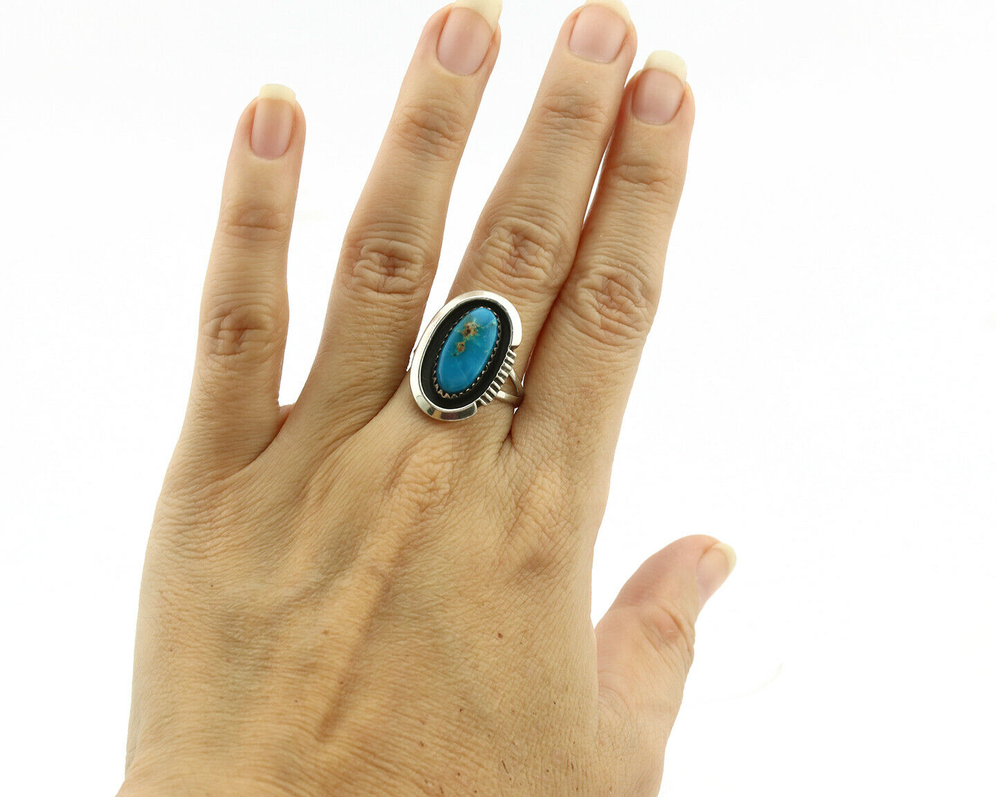 Navajo Ring .925 Silver Blue Turquoise Native American Artist C.1980's
