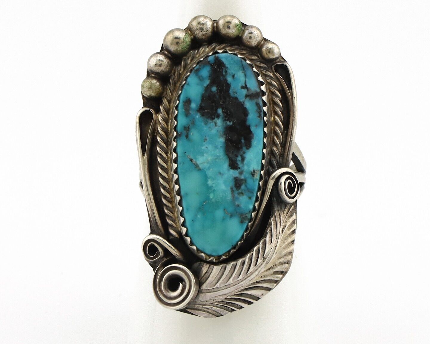 Navajo Inlay Band Ring 925 Silver Blue Morenci Turquoise Signed Justin Morris