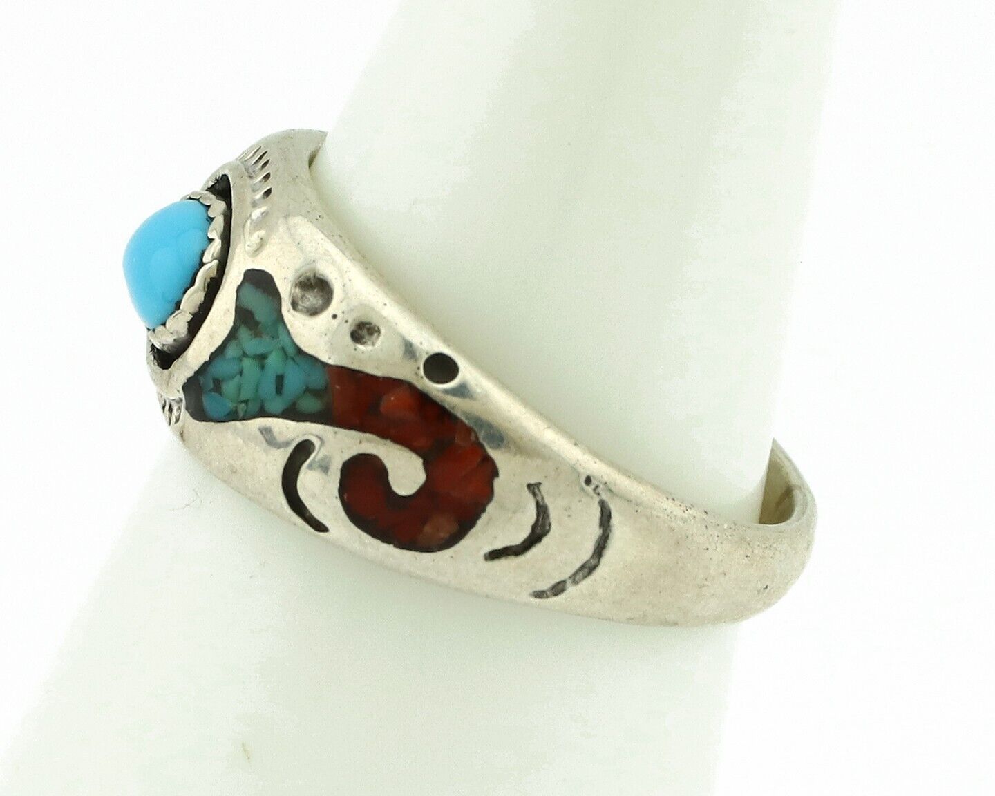 Navajo Handmade Ring 925 Silver Blue Turquoise & Coral Native American C.80's