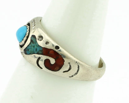 Navajo Handmade Ring 925 Silver Blue Turquoise & Coral Native American C.80's