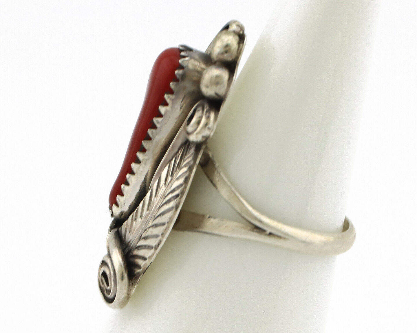 Navajo Ring 925 Silver Mediterranean Coral Artist Signed Justin Morris C.80's