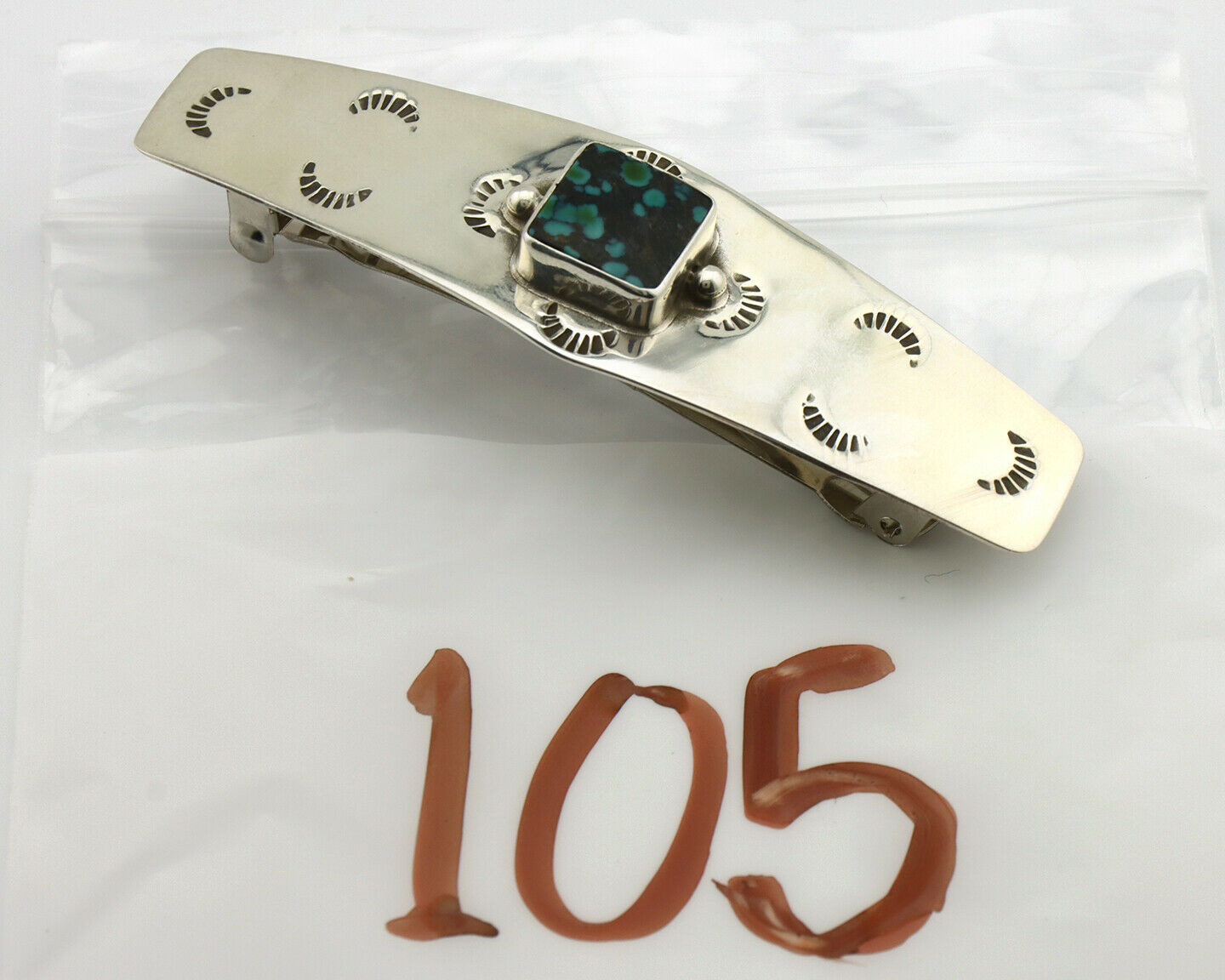 Navajo Hair Clip .925 Silver Green Spiderweb Turquoise Barrette C.80's