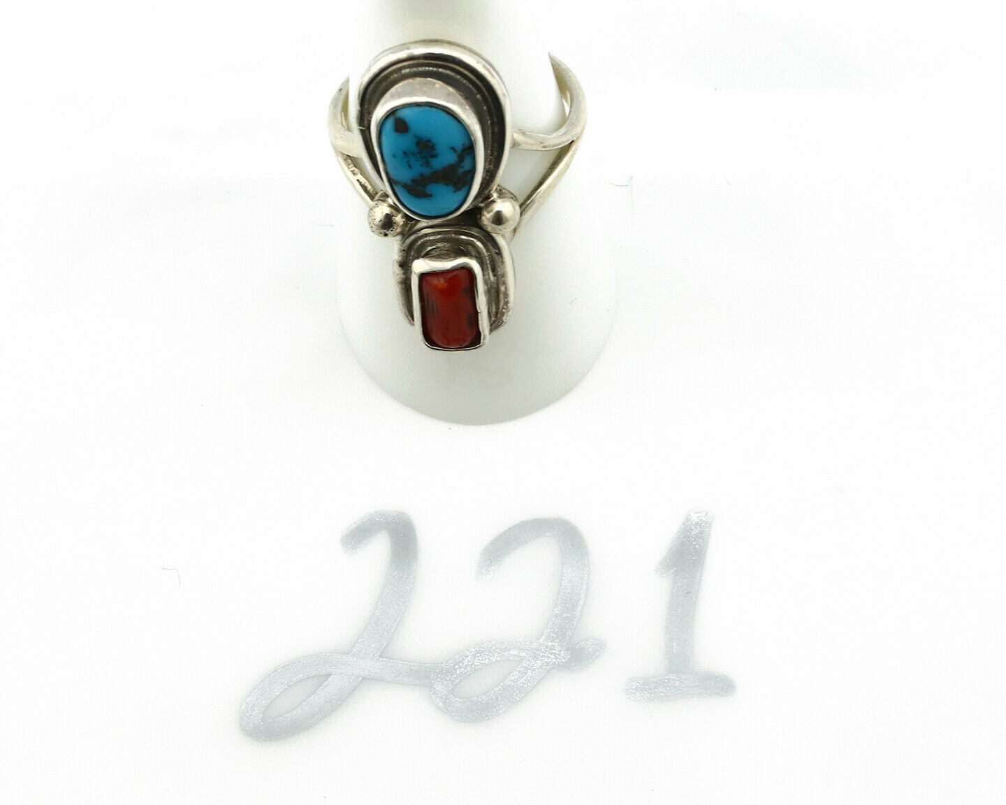 Navajo Ring .925 Silver Red Coral & Blue Turquoise Native Artist C.80's