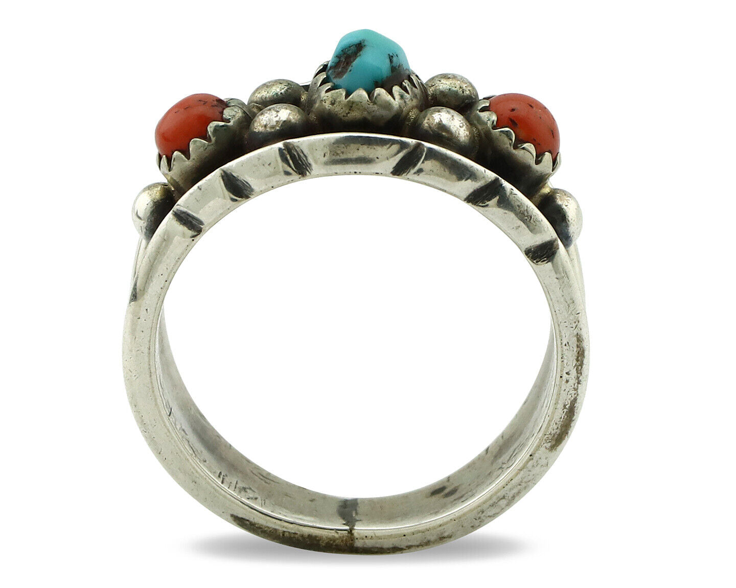Navajo Ring 925 Silver Coral & Sleeping Beauty Turquoise Native Artist C.70's