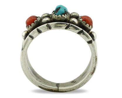 Navajo Ring 925 Silver Coral & Sleeping Beauty Turquoise Native Artist C.70's