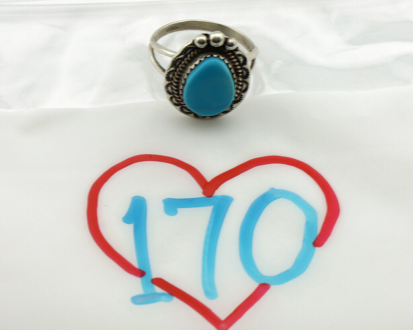Navajo Ring .925 Silver Blue Turquoise Artist Signed Anna Begay C.1980's