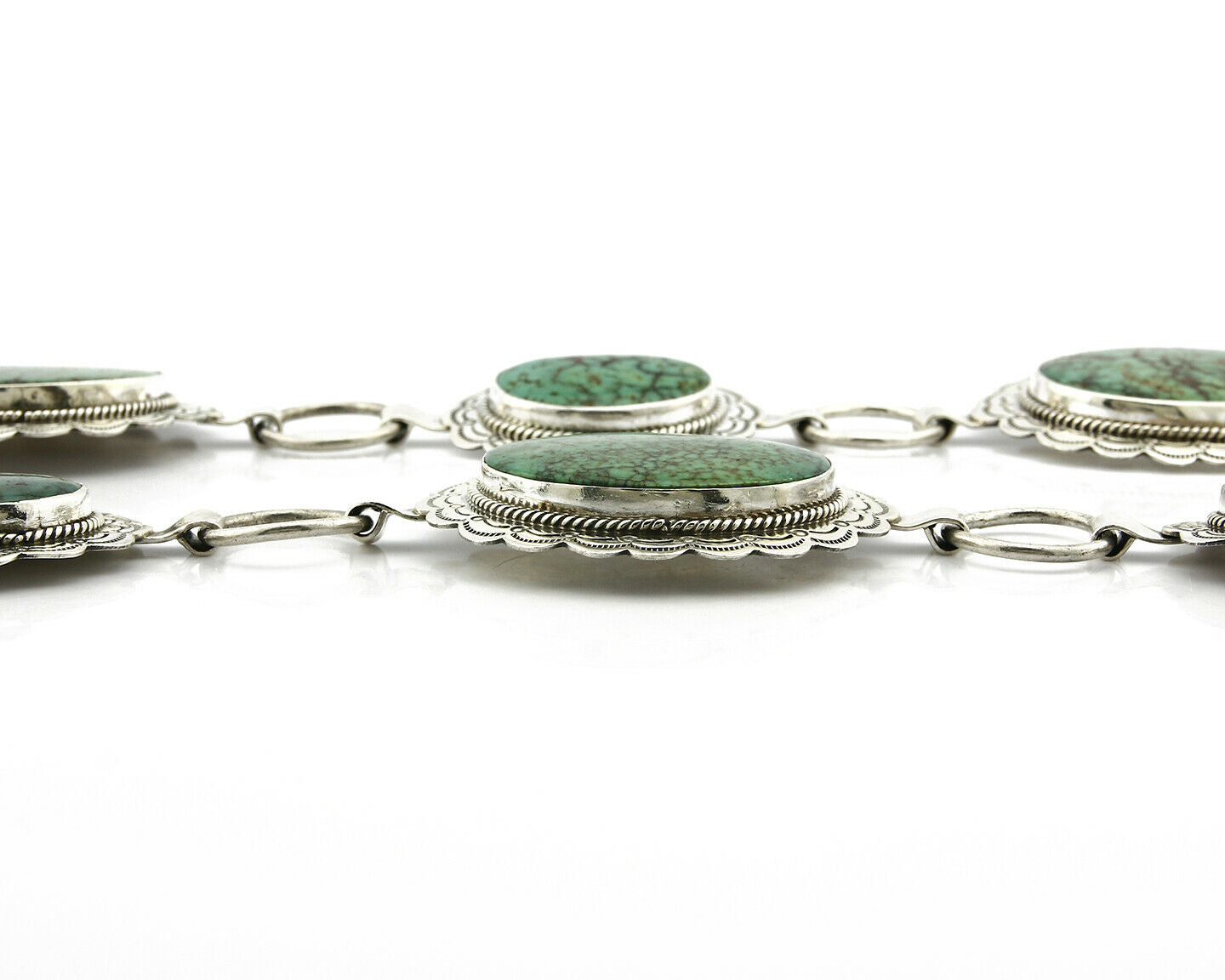 Navajo Concho Belt .925 Silver Turquoise Hand Stamped Signed JM C.80's