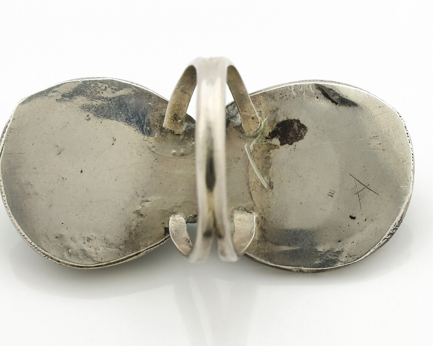 Navajo Ring .925 Silver Globe Turquoise Hand Stamped Native American Artist C80s